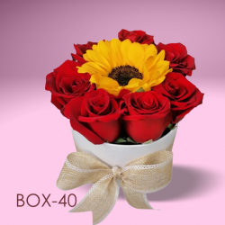 Box of 7 Roses and a Sunflower