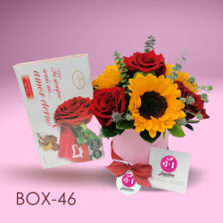 Box of 4 Roses, 3 Eucalyptus Sunflowers and Chocolate Lineage